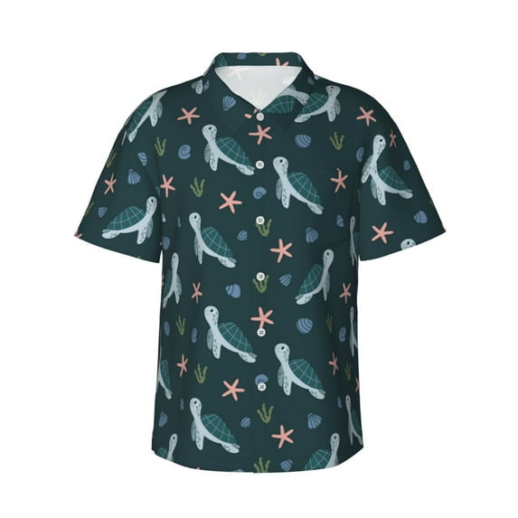 Pofeuu Cute Turtle Print Hawaiian Shirt for Men Sleeves Casual Button Down Summer Beach Dress Shirts T-Shirts,XX-Large