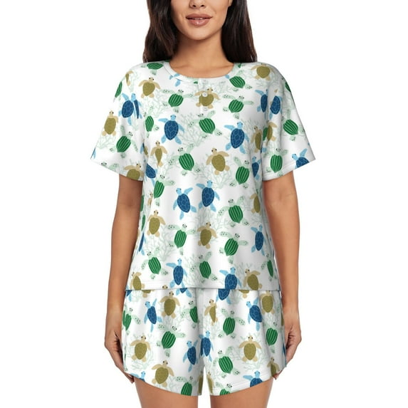 Pofeuu Cute Turtle Print Women's Pajama Set Short/Shorts Soft Button PJs Elastic Drawstring Waist Sleepwear-4X-Large