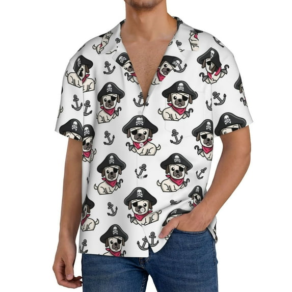 Pofeuu DOG IS WEARING PIRATE COSTUME Print Mens Casual Short Sleeve Shirts Beach Summer Spread Collar Pocket Tops Men's Casual Short-sleeved Shirt-4X-Large