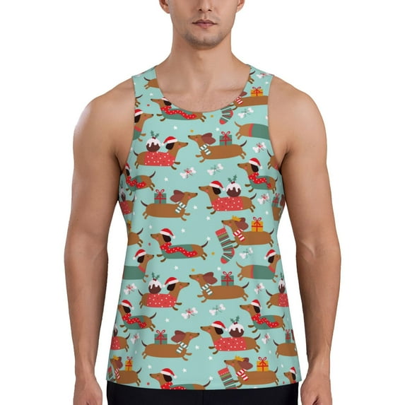 Pofeuu Dachshund Christmas Play Print Men's Workout Tank Tops Sleeveless Muscle Gym Shirt Quick Dry-X-Large