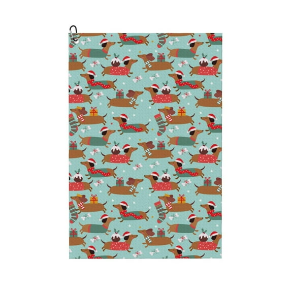 Pofeuu Dachshund Christmas Play Print Premium Golf Towel with Carabiner Clip Absorbent Microfiber Waffle Pattern Golf Towel for Golf Bag Trolly Belt Loop