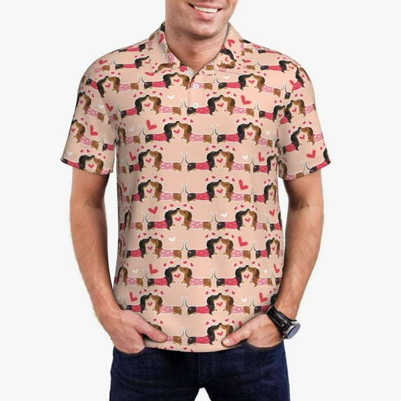 Pofeuu Dachshund Couple Print Men's Loose Fit Midweight Short-Sleeve Pocket Polo-Small