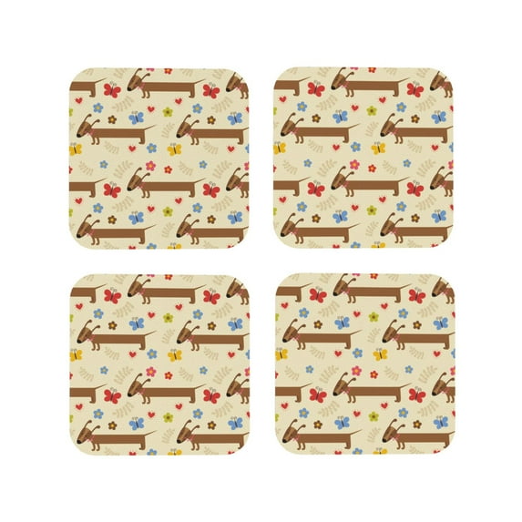 Pofeuu Dachshund Dog And Flower Print Coasters for Drinks, 4Pack PU Leather Coasters, Bar Drink Coasters for Tabletop Protection, Furniture from Damage-Square