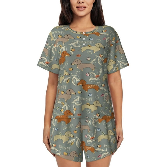 Pofeuu Dachshund Dog Bird Print Women's Pajama Set Short/Shorts Soft Button PJs Elastic Drawstring Waist Sleepwear-Small