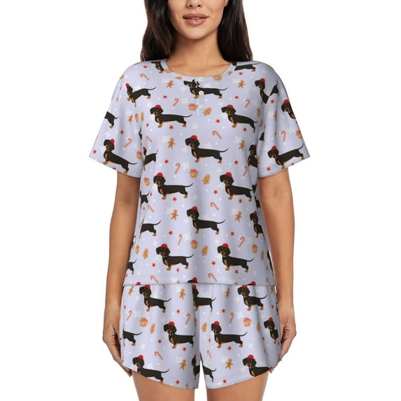 Pofeuu Dachshund Dog Print Women's Pajama Set Short/Shorts Soft Button PJs Elastic Drawstring Waist Sleepwear-3X-Large