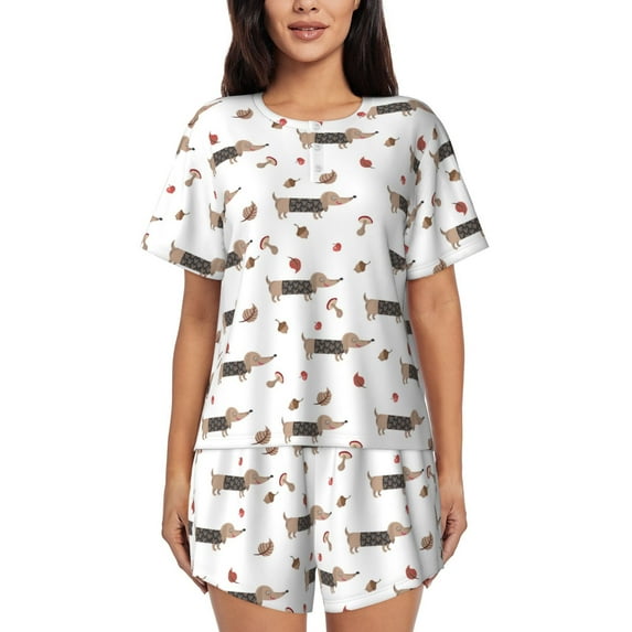 Pofeuu Dachshund Dog Print Women's Pajama Set Short/Shorts Soft Button PJs Elastic Drawstring Waist Sleepwear-