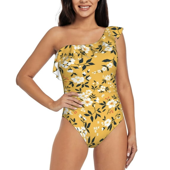 Pofeuu Daisies Flowers Print Women's One Piece Swimsuits One Shoulder Swimwear Asymmetric Ruffle Monokinis Bathing Suits-Large