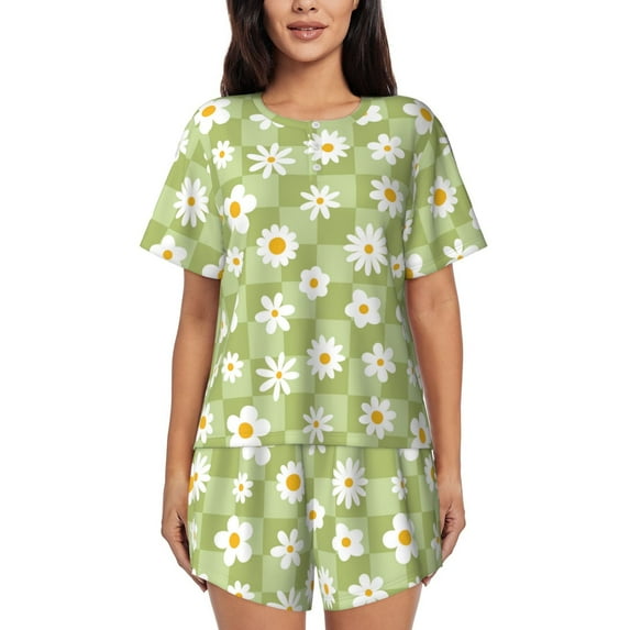 Pofeuu Daisies Flowers Print Women's Pajama Set Short/Shorts Soft Button PJs Elastic Drawstring Waist Sleepwear-4X-Large
