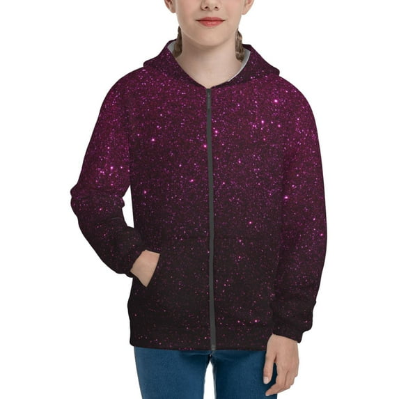 Pofeuu Dark Purple Glitter Print Teenage Zipper Hoodie Sweatshirts Hooded Casual Jackets With Pocket For Boys Girls-Small