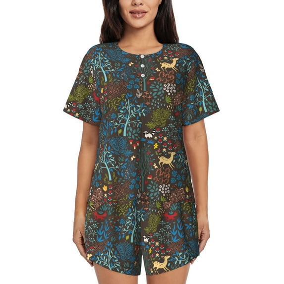 Pofeuu Deers In The Forest 1 Print Women's Pajama Set Short/Shorts Soft Button PJs Elastic Drawstring Waist Sleepwear-XX-Large