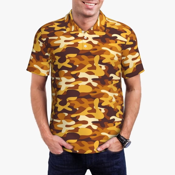 Pofeuu Desert Camouflage Print Men's Loose Fit Midweight Short-Sleeve Pocket Polo-3X-Large