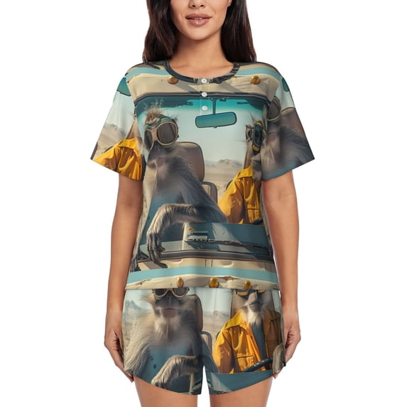Pofeuu Desert Monkeys Drive Print Women's Pajama Set Short/Shorts Soft Button PJs Elastic Drawstring Waist Sleepwear-Medium