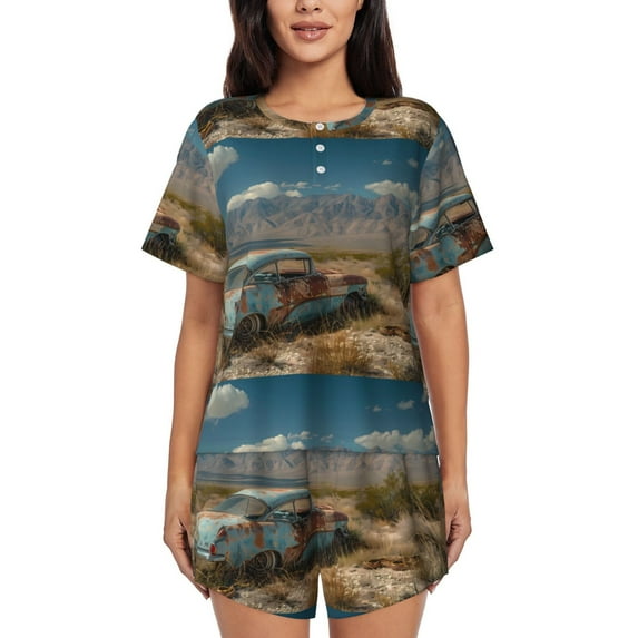 Pofeuu Deserted Classic Car Landscape Print Women's Pajama Set Short/Shorts Soft Button PJs Elastic Drawstring Waist Sleepwear-Medium