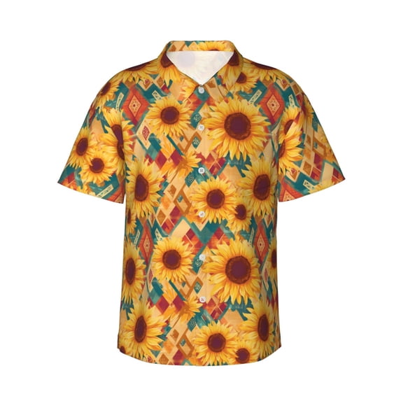 Pofeuu Diamond Bohemian Sunflower Print Hawaiian Shirt for Men Sleeves Casual Button Down Summer Beach Dress Shirts T-Shirts,Small