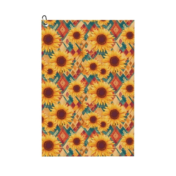 Pofeuu Diamond Bohemian Sunflower Print Premium Golf Towel with Carabiner Clip Absorbent Microfiber Waffle Pattern Golf Towel for Golf Bag Trolly Belt Loop