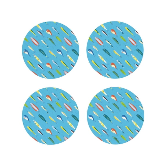 Pofeuu Different Color Fishing Bait Print Coasters for Drinks, 4Pack PU Leather Coasters, Bar Drink Coasters for Tabletop Protection, Furniture from Damage-Round Shape