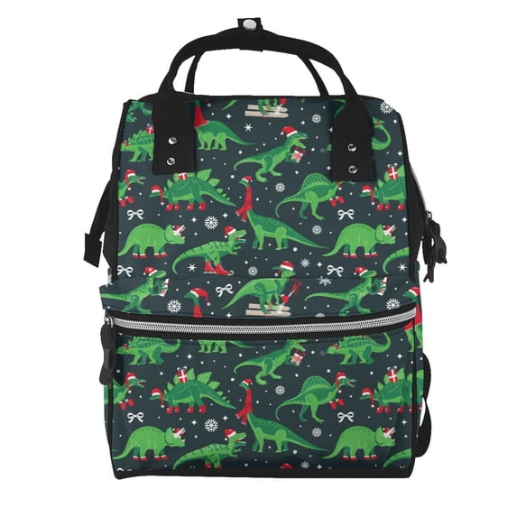 Pofeuu Dino Christmas Party Print Diaper Bag Backpack, Multifunction Travel Pack Maternity Baby Changing Bags, Large Capacity, Waterproof