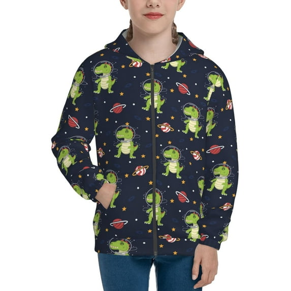 Pofeuu Dinosaur Astronaut Print Teenage Zipper Hoodie Sweatshirts Hooded Casual Jackets With Pocket For Boys Girls-Small