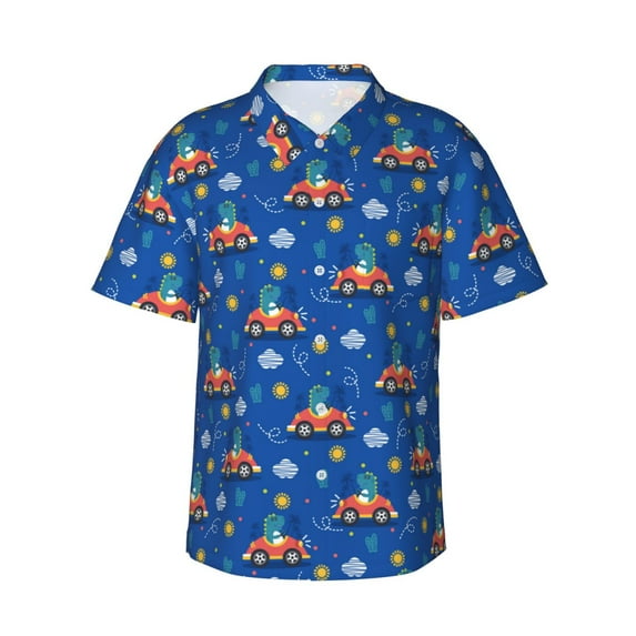 Pofeuu Dinosaur Driving Print Hawaiian Shirt for Men Sleeves Casual Button Down Summer Beach Dress Shirts T-Shirts,Large