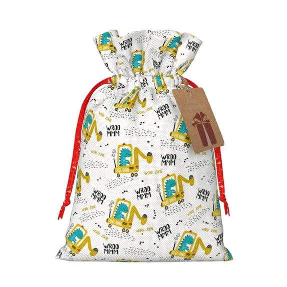 Pofeuu Dinosaur on Excavator Print Burlap Bags with Drawstrings Drawstring Gift Bags Pouch Bag for Thankgiving Birthday Party Gift Wrapping Treats and Party Favors-Medium