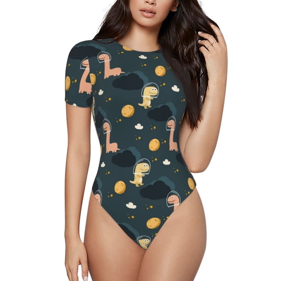 Pofeuu Dinosaur In The Space Print Short Sleeve Body Suits Women Round Neck Bodysuits for Women Onesie Adult Set Body Suit-Small