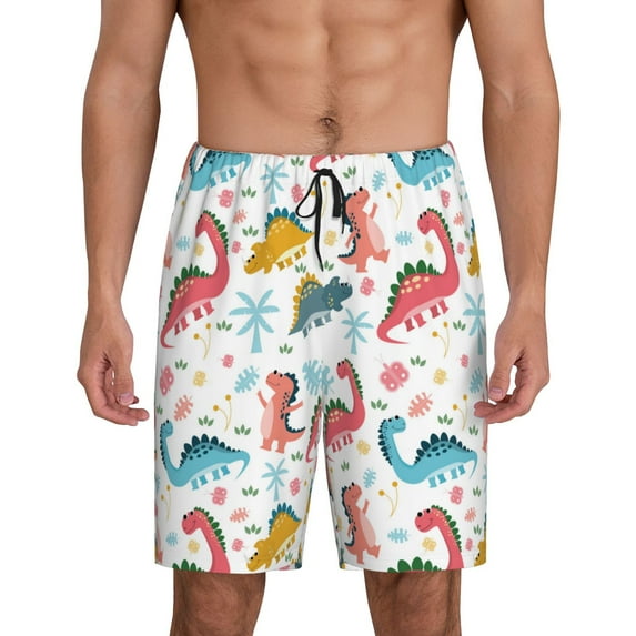 Pofeuu Dinosaur Print Men's Soft Woven Elastic Waistband Sleep Pajama Short-Medium