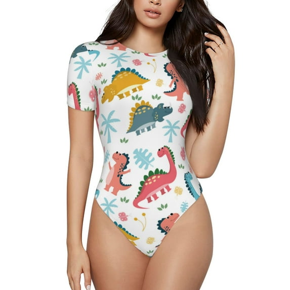 Pofeuu Dinosaur Print Short Sleeve Body Suits Women Round Neck Bodysuits for Women Onesie Adult Set Body Suit-XX-Large