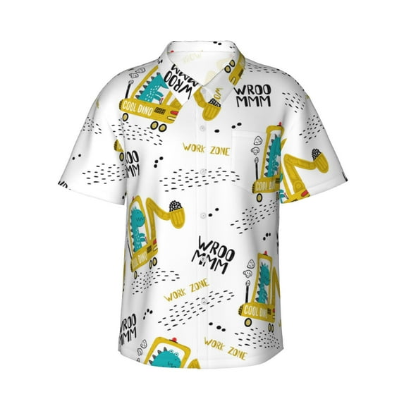 Pofeuu Dinosaur on Excavator Print Hawaiian Shirt for Men Sleeves Casual Button Down Summer Beach Dress Shirts T-Shirts,X-Large