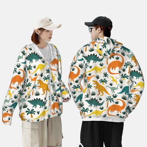 Pofeuu Dinosaurs and Tropical Leaves Print Sun Protection Outdoor Lightweight Full Zip UV Cooling Hoodie Long Sleeve Summer Clothing for Outdoor Hiking-Small