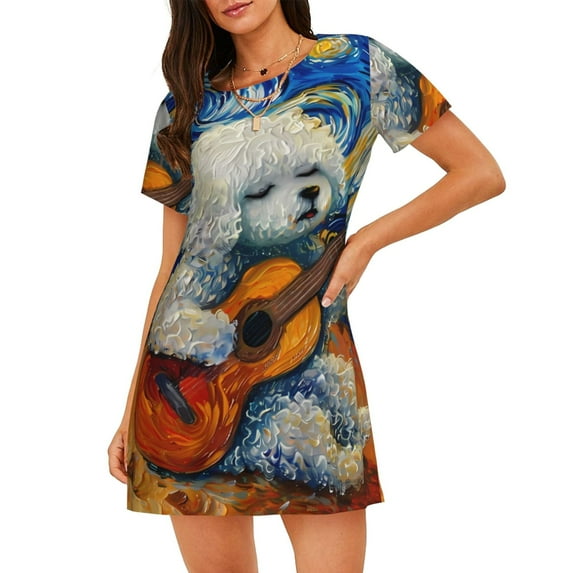 Pofeuu Dog Guitar Starry Night Print Women's Loose Fit Short Sleeve Nightgown, Comfortable Sleep Dress for Women, Casual Lounge Sleepwear, Soft Cotton Sleep Dress
