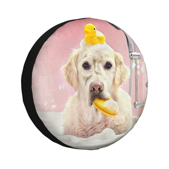 Pofeuu Dog Sitting In Bathtub With Duck On Head Print Spare Tire Wheel Cover for Car Truck SUV Camper Universal Fit Spare Tire Cover RV Spare Tire Covers-14 inch