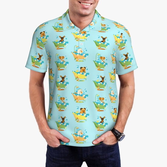 Pofeuu Doggy In Bubble Bath Print Men's Loose Fit Midweight Short-Sleeve Pocket Polo-Small