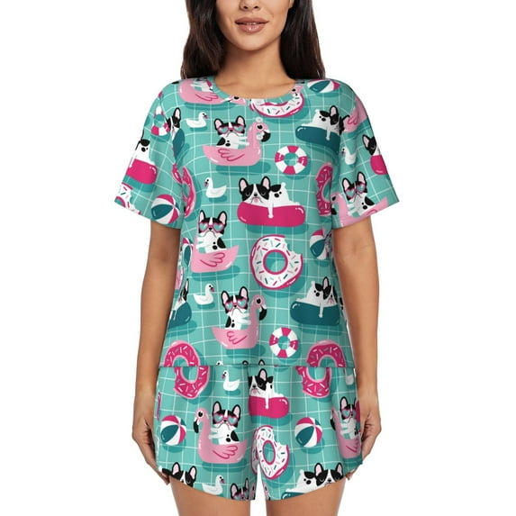 Pofeuu Dogs With Swimming Print Women's Pajama Set Short/Shorts Soft Button PJs Elastic Drawstring Waist Sleepwear-3X-Large