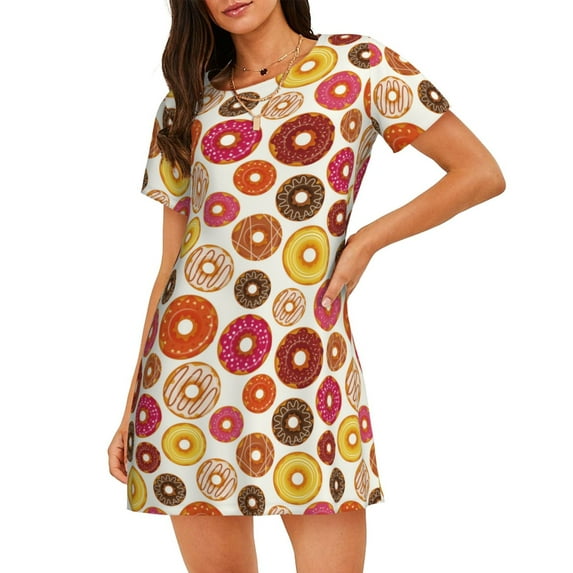 Pofeuu Donut Print Women's Loose Fit Short Sleeve Nightgown, Comfortable Sleep Dress for Women, Casual Lounge Sleepwear, Soft Cotton Sleep Dress
