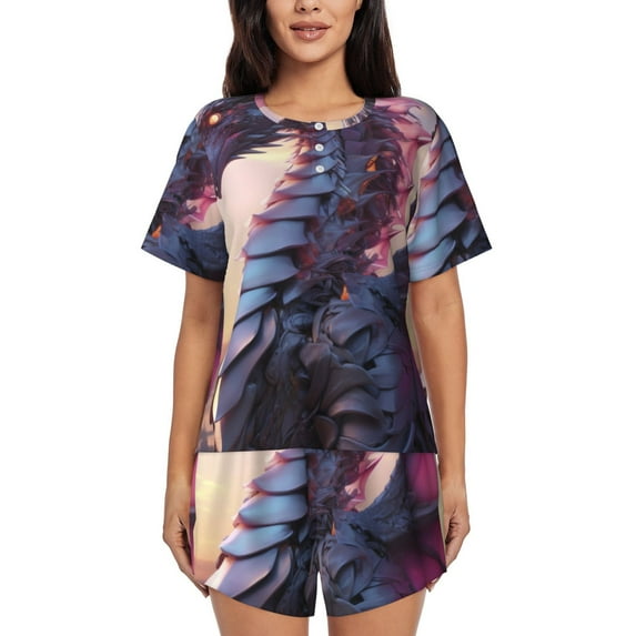 Pofeuu Dragon Print Women's Pajama Set Short/Shorts Soft Button PJs Elastic Drawstring Waist Sleepwear-Small