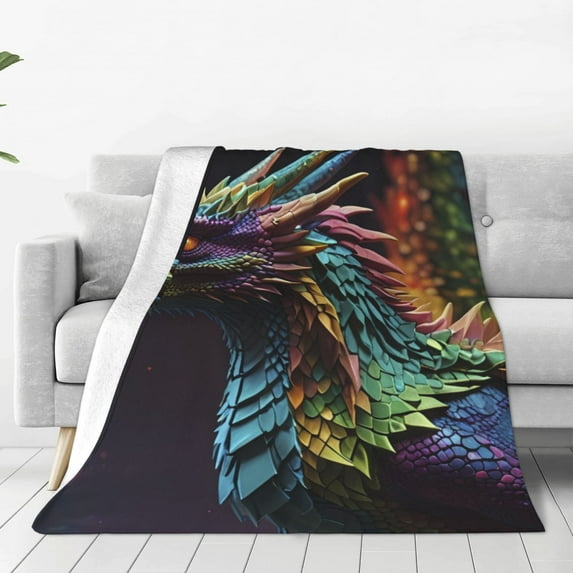 Pofeuu Dragon with Colorful Tail Print Ultra-Soft Micro Fleece Blanket,for Bed Or Sofa,All Season Throw Blankets Flannel Blanket-80"x60"
