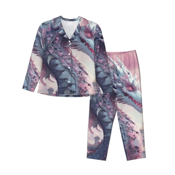 Pofeuu Dragon1 Print Womens Pajamas Set Long Sleeve Sleepwear Button Down Nightwear Soft Pj Lounge Sets Button Down Pajamas Women-Medium