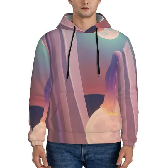 Pofeuu Dreamy Moonlit Window Print Mens Casual Hooded Collar Drawstring Hoodies Pullover Sweatshirts Casual Long Sleeve Shirts-X-Large
