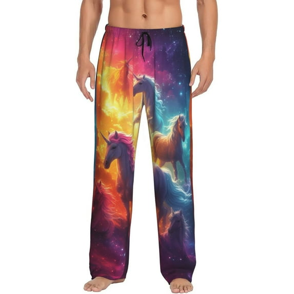 Pofeuu Dreamy Night Sky White Horse Print Men's Pajama Pants, Soft Lounge Pajama Pants with big pockets for Men Plaid Pj Bottoms-Medium
