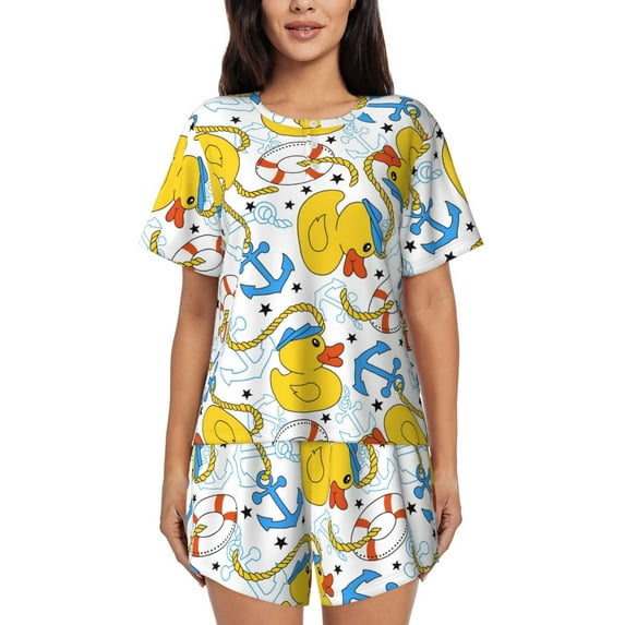 Pofeuu Ducks and Anchors Print Women's Pajama Set Short/Shorts Soft Button PJs Elastic Drawstring Waist Sleepwear-3X-Large