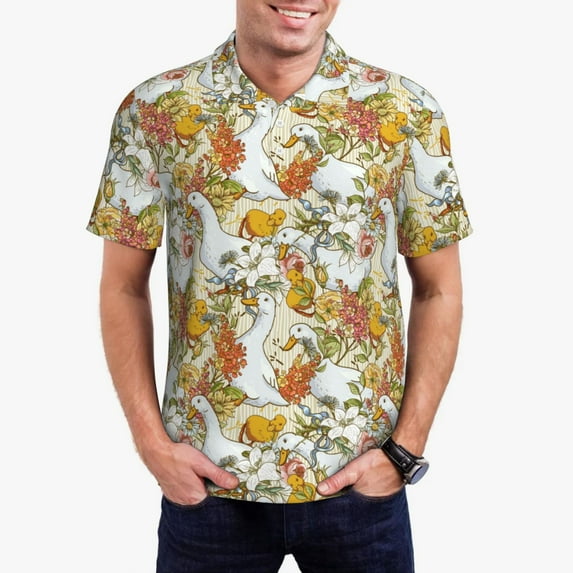 Pofeuu Ducks and Flowers Print Men's Loose Fit Midweight Short-Sleeve Pocket Polo-X-Large