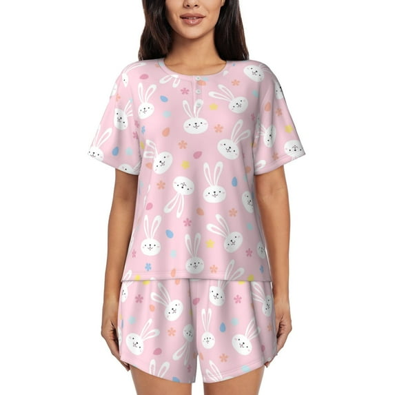 Pofeuu Easter Cute Rabbit Print Women's Pajama Set Short/Shorts Soft Button PJs Elastic Drawstring Waist Sleepwear-Small