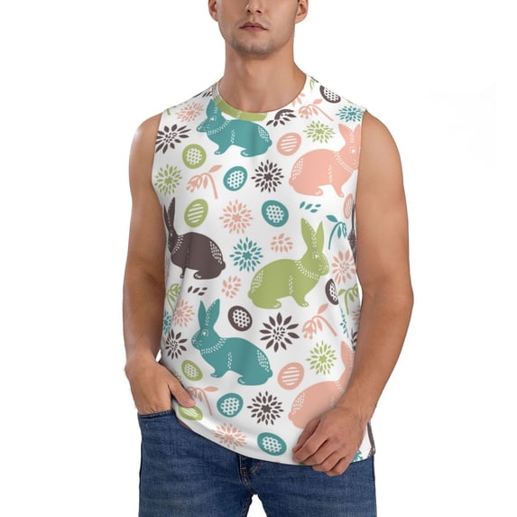 Pofeuu Easter Rabbit Print Men's Muscle T-Shirt, Sleeveless, Muscle Tank, Classic Muscle Tee Top For Men Casual Sleeveless Muscle T-Shirt Trendy Clothes-Small