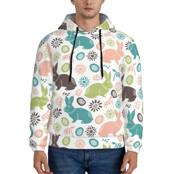 Pofeuu Easter Rabbit Print Mens Casual Hooded Collar Drawstring Hoodies Pullover Sweatshirts Casual Long Sleeve Shirts-Large