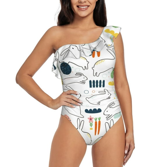 Pofeuu Easter Rabbit Print Women's One Piece Swimsuits One Shoulder Swimwear Asymmetric Ruffle Monokinis Bathing Suits-Medium