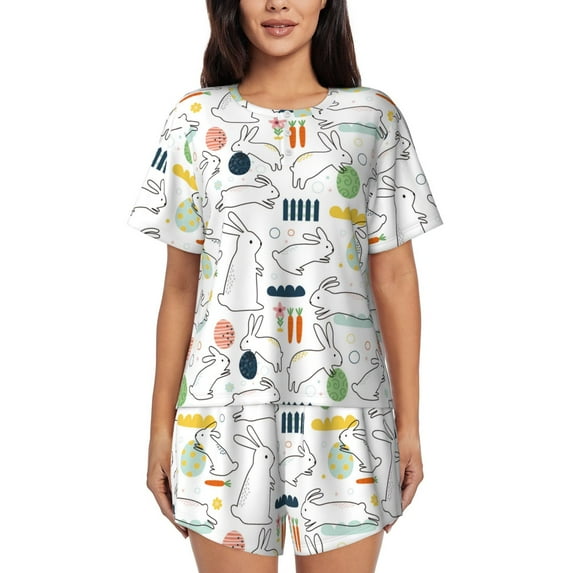 Pofeuu Easter Rabbit Print Women's Pajama Set Short/Shorts Soft Button PJs Elastic Drawstring Waist Sleepwear-Small