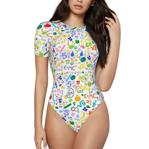 Pofeuu Education And Science Print Short Sleeve Body Suits Women Round Neck Bodysuits for Women Onesie Adult Set Body Suit-X-Large