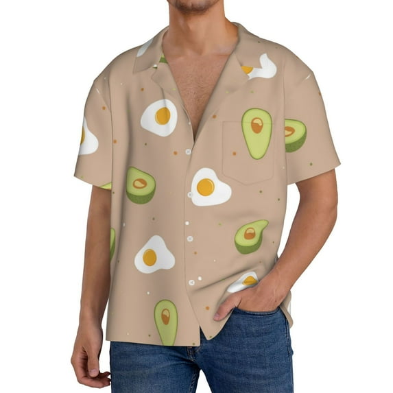 Pofeuu Egg and Avocado Print Mens Casual Short Sleeve Shirts Beach Summer Spread Collar Pocket Tops Men's Casual Short-sleeved Shirt-X-Large