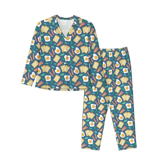 Pofeuu Eggs Toast Bacon And Arugula Print Womens Pajamas Set Long Sleeve Sleepwear Button Down Nightwear Soft Pj Lounge Sets Button Down Pajamas Women-Medium