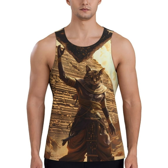 Pofeuu Egyptian Cat Pharaoh Magic Print Men's Workout Tank Tops Sleeveless Muscle Gym Shirt Quick Dry-3X-Large